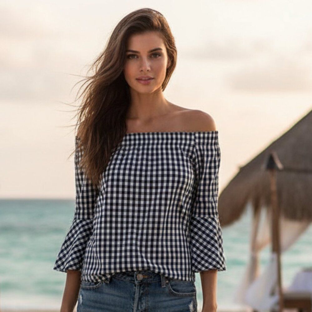 Cupio Navy White Checked Gingham Off-Shoulder Top 3/4 Sleeve Small